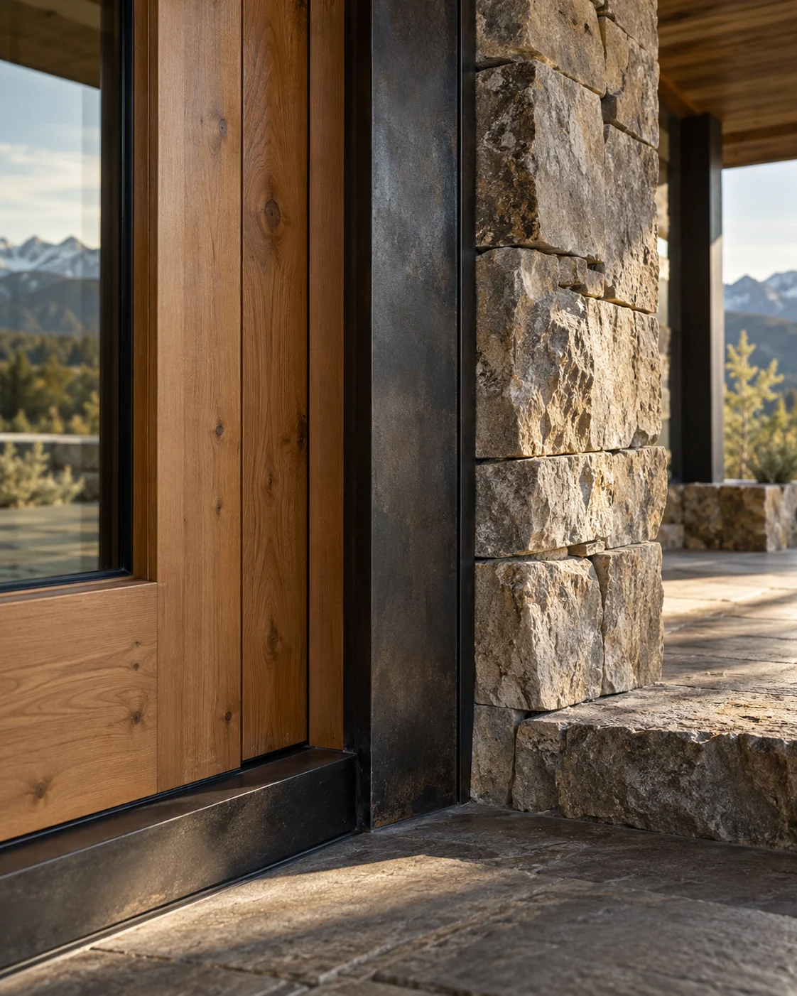Concept detail showing alder wood, dark steel, and natural stone