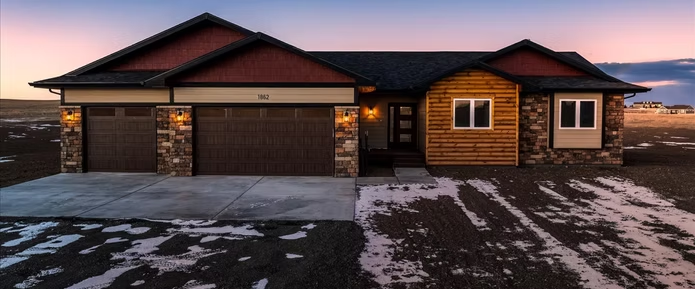 Triple Dot home illuminated at dusk with patches of snow in the foreground